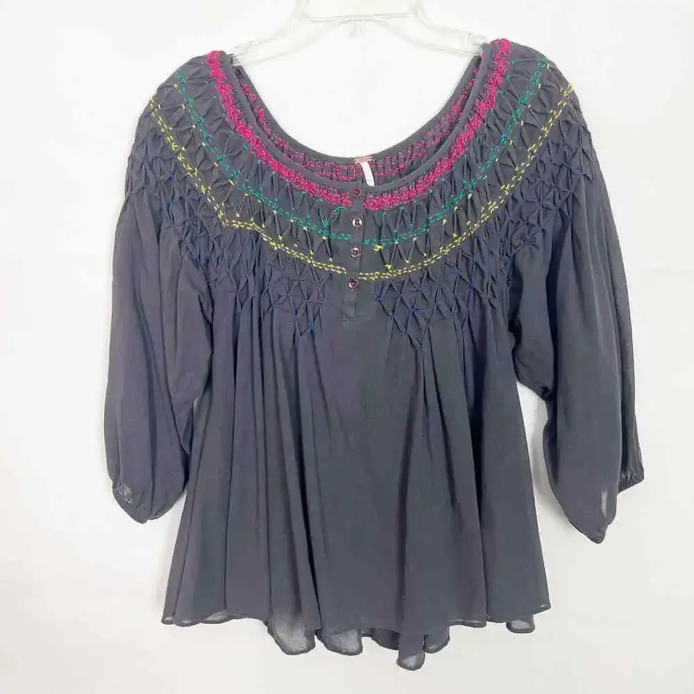 Free People Embroidered Boho 3/4 Puff Sleeve Gray Top Size XS